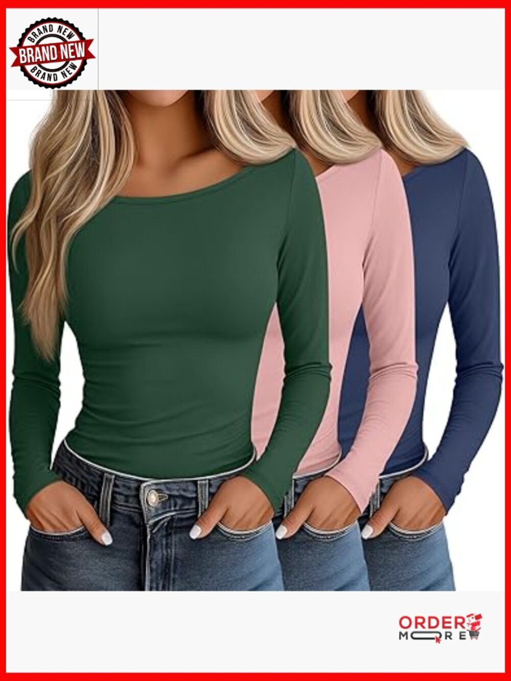 3 Pack Women's Tight Long Sleeve Boat Neck Fitted Y2K Tees